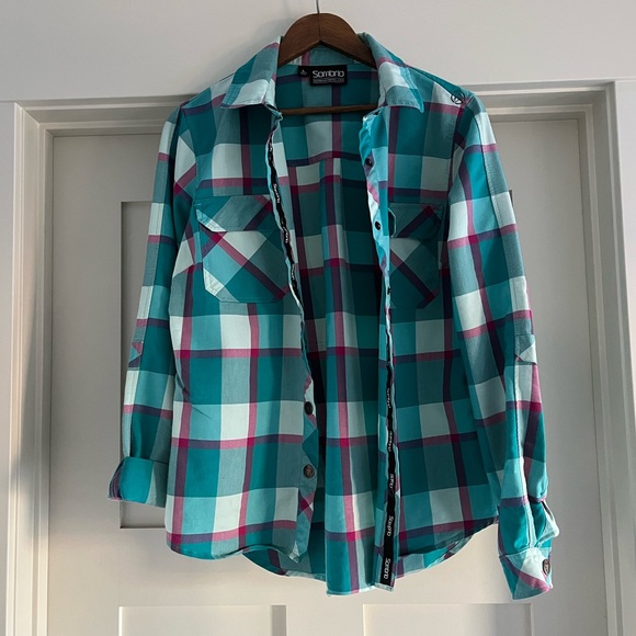 Sombrio Tops - Sombrio Teal and Pink Plaid Button Up